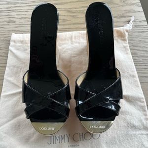 Jimmy Choo Black Patent Leather Cork Wedge - size 7.5 / 37.5